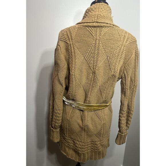 Saks Fifth Avenue Wool Cardigan Womens Medium Camel Tan Sweater Velvet Belt - Picture 4 of 7